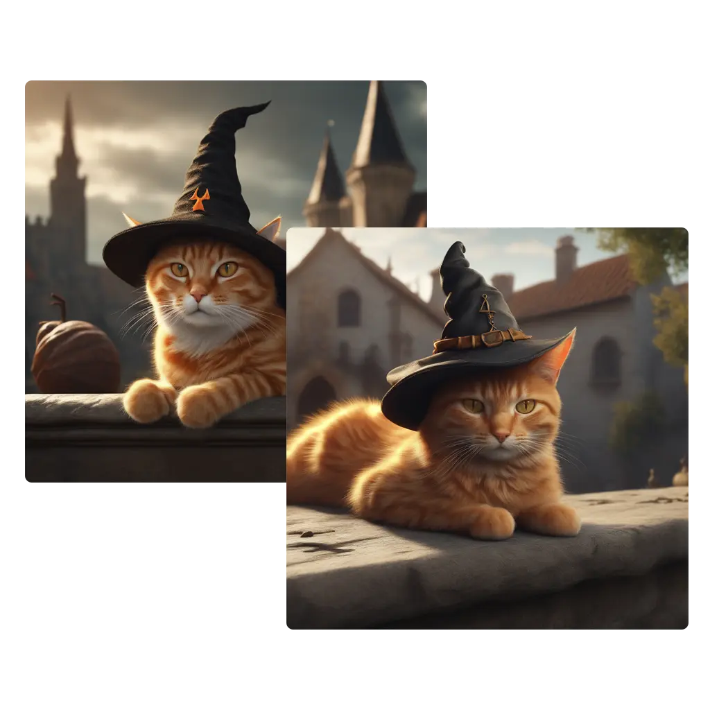 An orange cat wearing a witch hat