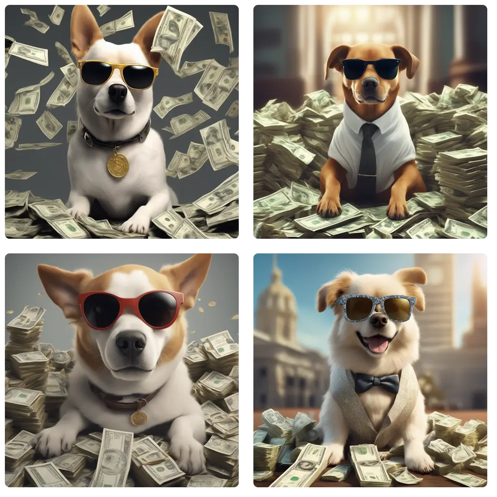 A dog wearing sunglasses with a lot of money around him