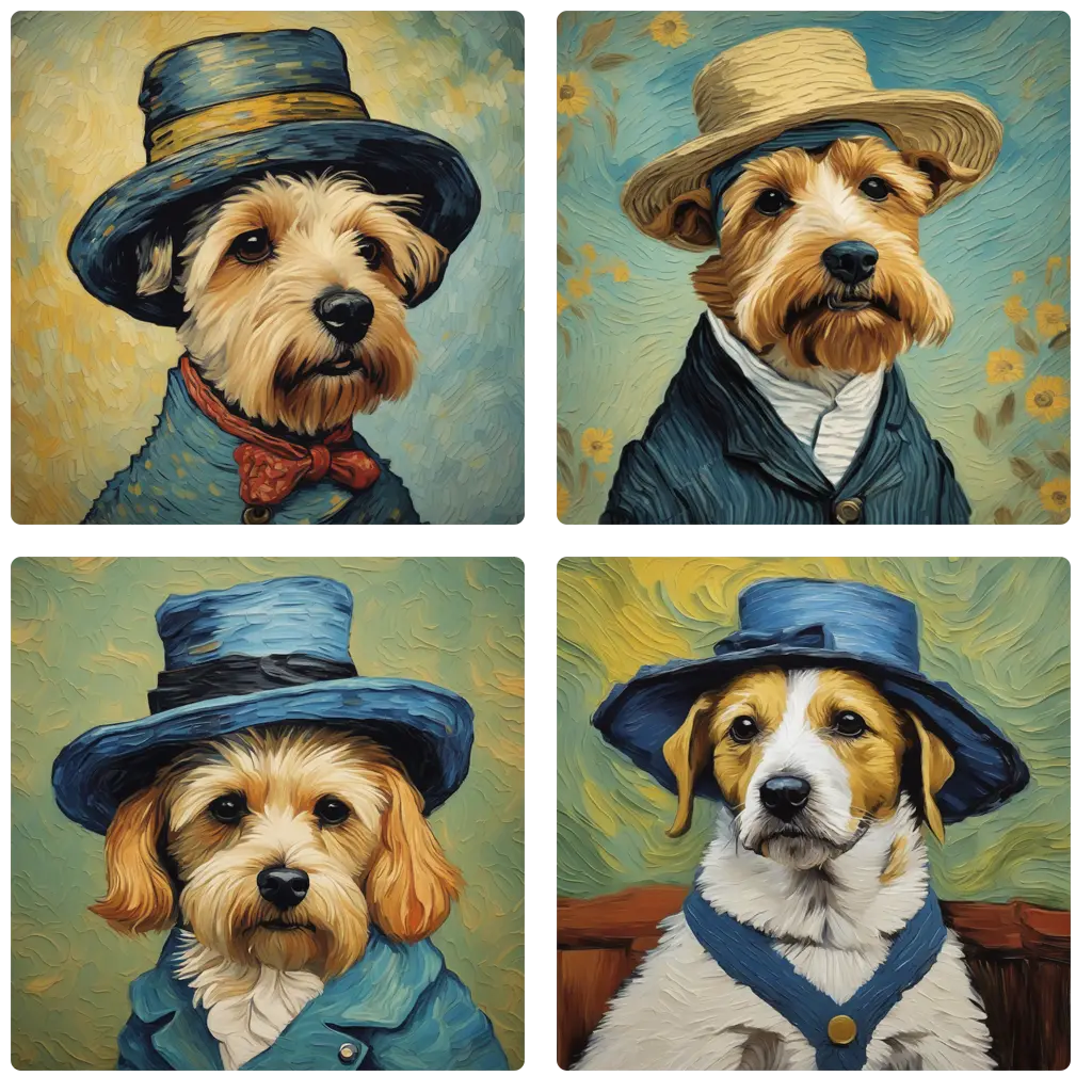 A dog wearing a stylish hat, van gogh style painting